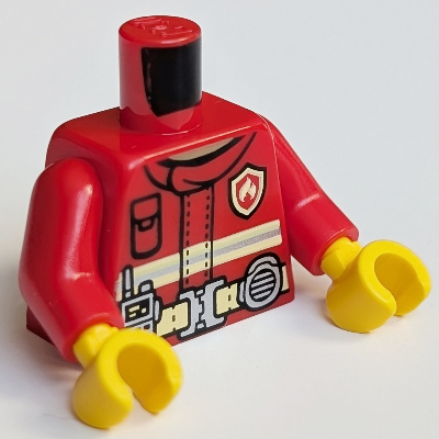 Torso Firefighter Jacket, Utility Belt with Radio, Bright Light Yellow Stripes, Fire Logo Print, Red Arms, Yellow Hands