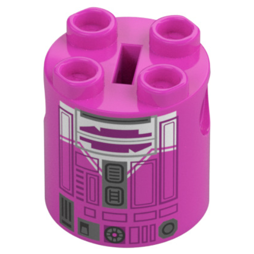 Brick Round 2 x 2 x 2 Robot Body, Axle Holder '+' Orientation with White and Magenta Astromech Droid Print (QT-KT)