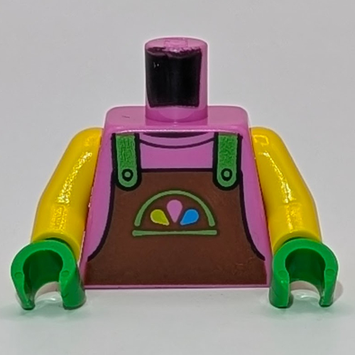 Torso, Reddish Brown Apron, Bright Green Straps, Bright Green/Dark Pink/Blue Decorations print, Yellow Arms, Bright Green Hands