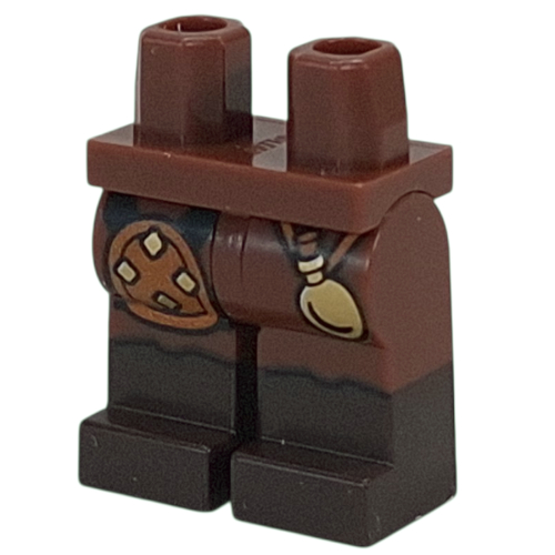 LEGO part Hips with Reddish Brown Legs and Dark Brown Boots Pattern with Dark Orange Armor, Gold Flask print