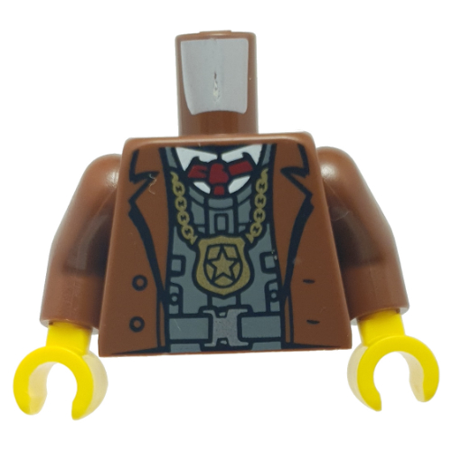 Torso Jacket, Open over Armored Vest, Gold Necklace with Police Badge Pendant Print, Reddish Brown Arms, Yellow Hands