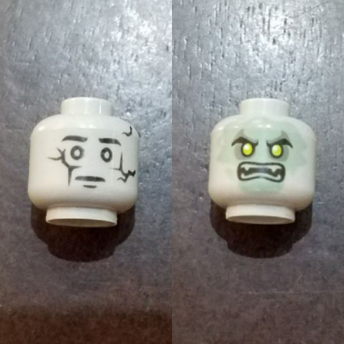 Minifig Head Stone Snake Temple Statue / Ghost Student, Dual Sided, Cracked Statue / Sand Green Ghost Face with Scowl and Fangs Print [Hollow Stud]