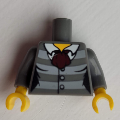 LEGO part Torso Sweater with Light Bluish Grey Stripes, White Shirt, Dark Red Scarf Print, Plain Back, Dark Bluish Gray Arms, Yellow Hands