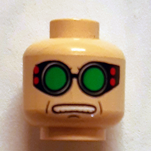 Minifig Head Dr Octopus (Doc Ock), Green Goggles, Brown Arched Eyebrows, Open Mouth Print