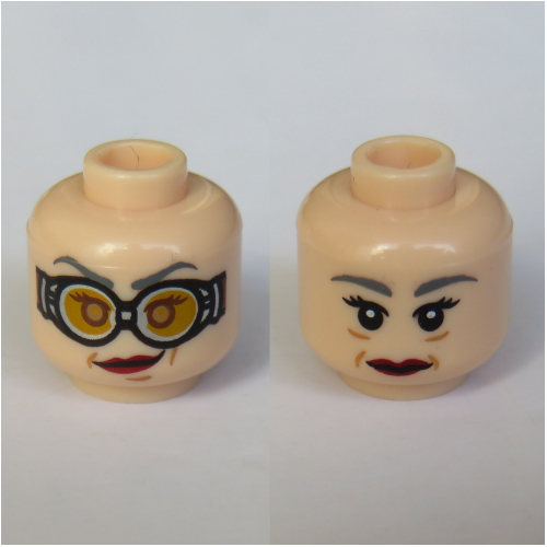 Minifig Head Madame Hooch, Dual Sided, Red Lipstick, Goggles / No Goggles Print [Hollow Stud]