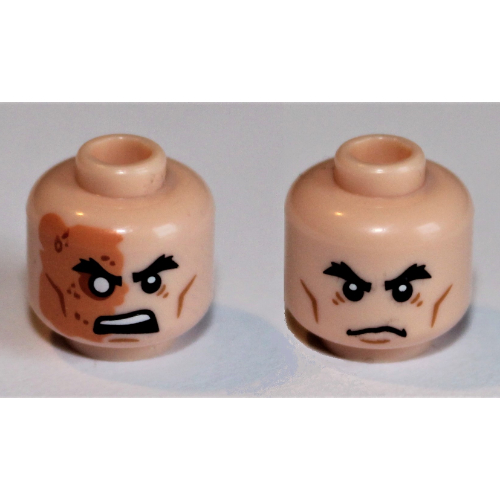 Minifig Head Shredder, Dual Sided, Bushy Eyebrows, Cheek Lines, Scowl / Right Side of Face Discolored and Scarred Print [Hollow Stud]