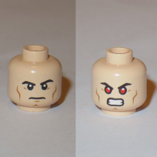 Minifig Head Superman, Eyebrows, Cheek Lines, Chin Dimple, Determined / Bared Teeth with Red Eyes Print