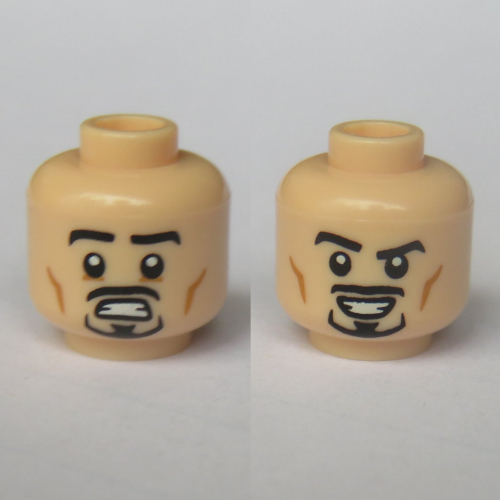 Minifig Head Tony Stark (Iron Man), Open Mouth, Mustache, Goatee, Smiling / Scared Print