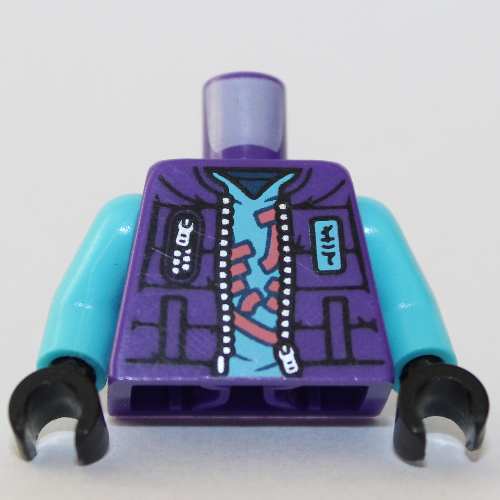 Torso Vest Jacket, Open over Medium Azure Shirt with Coral Symbols print, Medium Azure Arms, Black Hands