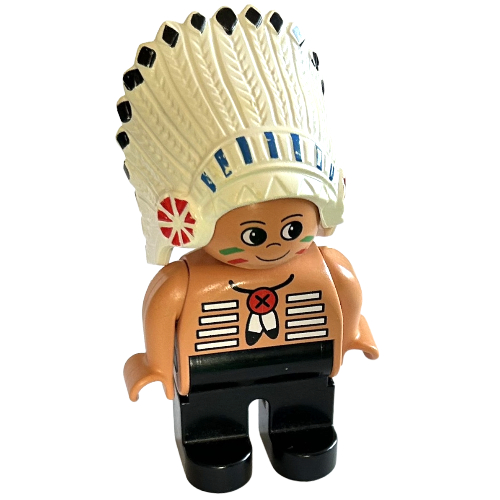 Duplo Figure, Early, Feather Headdress White, Brown Legs, Feather Necklace, Facepaint Print (Native American Chief)