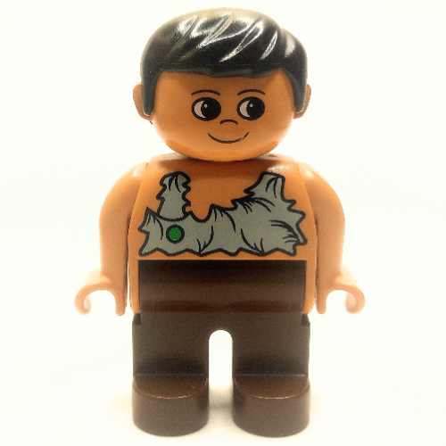 Duplo Figure, Early, with Short Parted Hair Black, Brown Legs, Rag Shirt with Green Spot Print (Caveman)