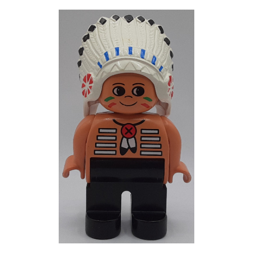 Duplo Figure, Early, Feather Headdress White, Black Legs, Feather Necklace, Facepaint Print