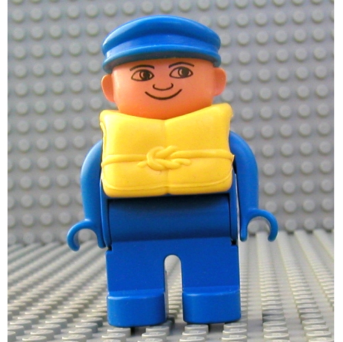 Duplo Figure, Early, with Flat Cap Blue, Blue Legs, Life Jacket