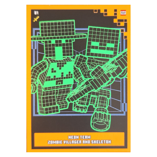 Trading Card, Minecraft Series 2 Boom-Bastic, Standard Card - Neon Team Zombie Villager and Skeleton