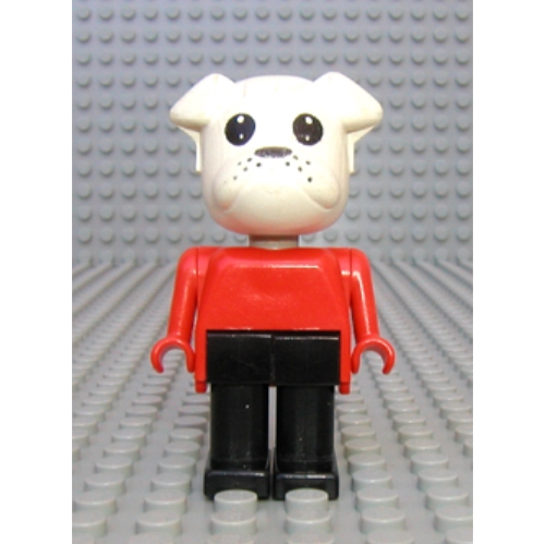 LEGO part Fabuland Figure Bertie Bulldog with White Head, Red Torso, Arms and Hands, and Black Legs