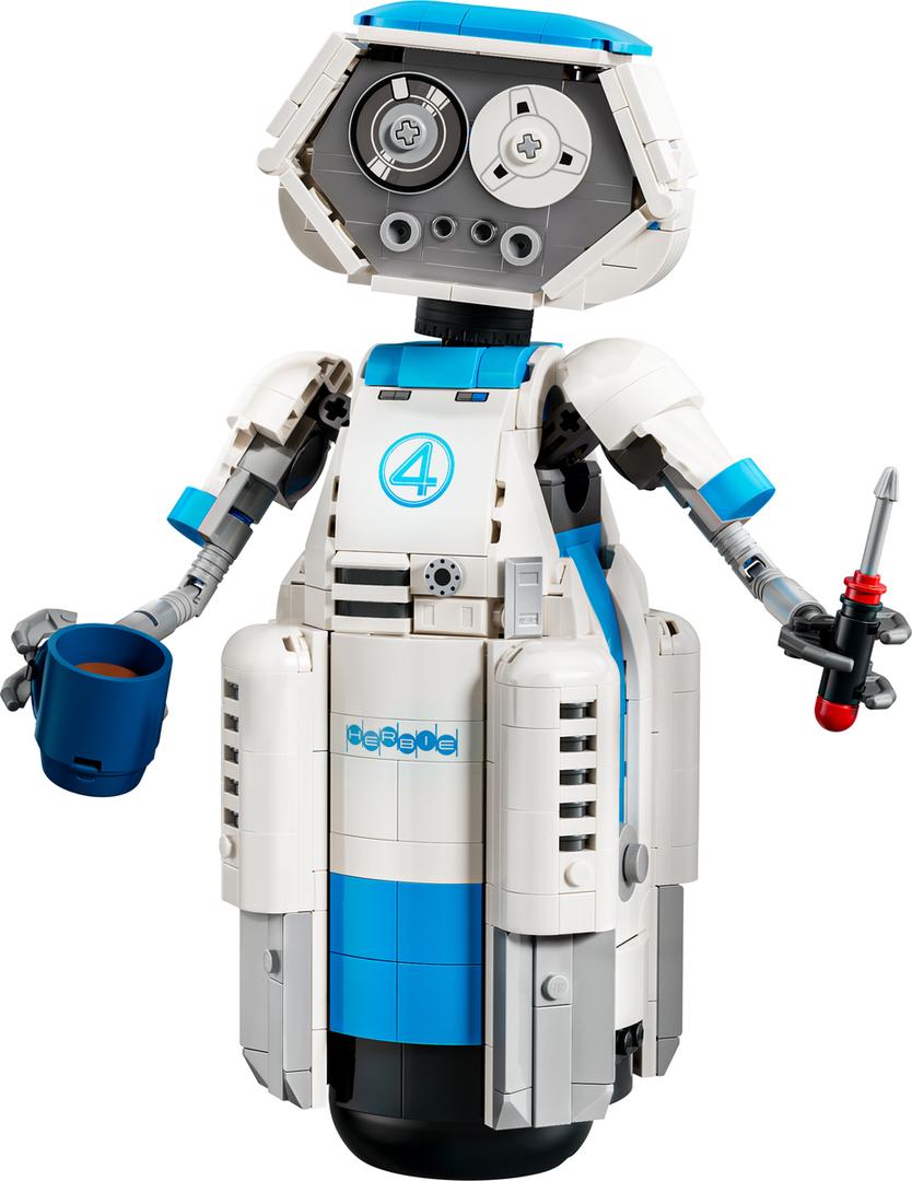 LEGO The Fantastic Four H.E.R.B.I.E. set 76339 — white and dark-azure buildable robot with articulated arms and rotating tape-recorder eyes