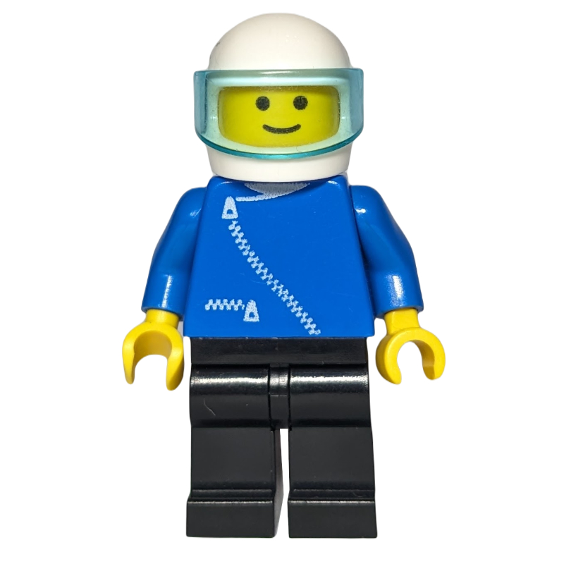 Minifigs Man, Blue Jacket with Zipper, Black Legs, White Helmet with Visor (FIG-000351)