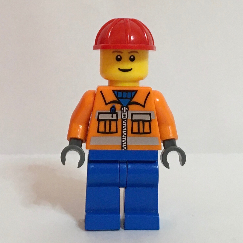 Construction Worker, Orange Jacket with Zipper and Reflective Stripes, Blue Legs, Red Hard Hat