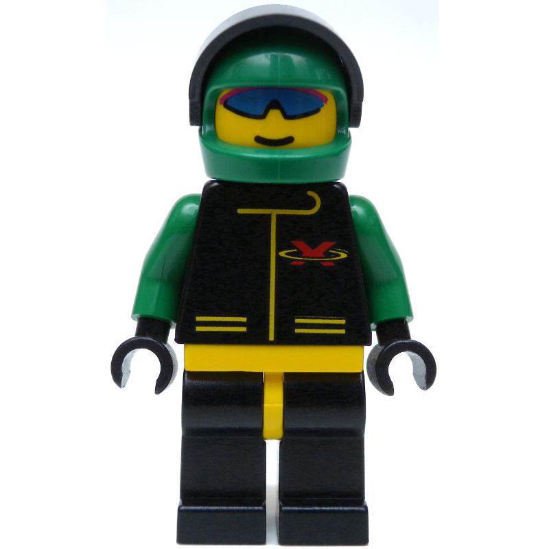 Racer, Extreme Team, Black Jacket, Black Legs, Green Helmet with Visor, Blue Sunglasses