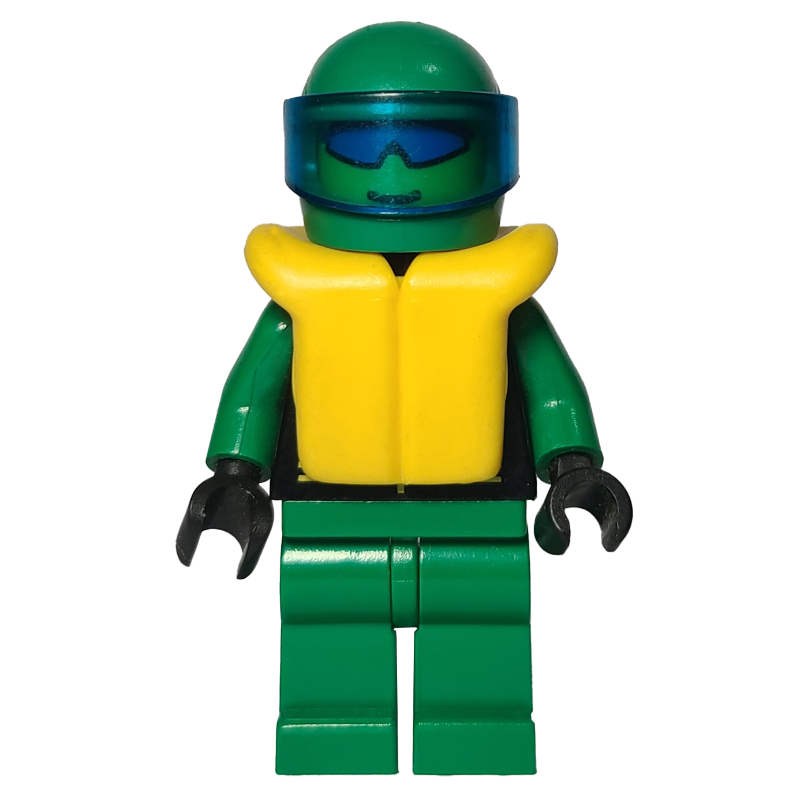 Minifigs Racer, Extreme Team, Black Jacket, Green Legs, Green Helmet with Visor, Yellow Life Vest, Blue Sunglasses (FIG-001231)