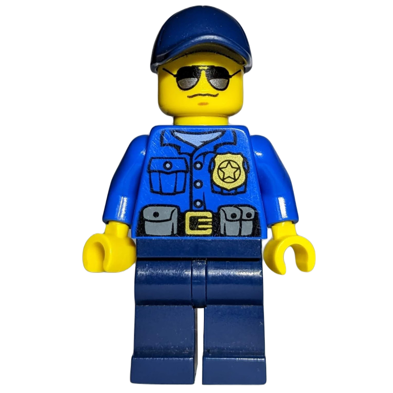 Policeman, Blue Shirt with Badge and Pouches, Dark Blue Legs, Dark Blue Cap, Sunglasses