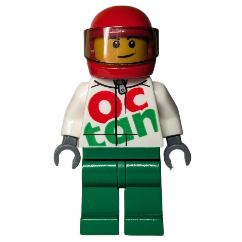 Racer Ray, White and Green Jumpsuit with Large 'Octan', Red Helmet with Visor
