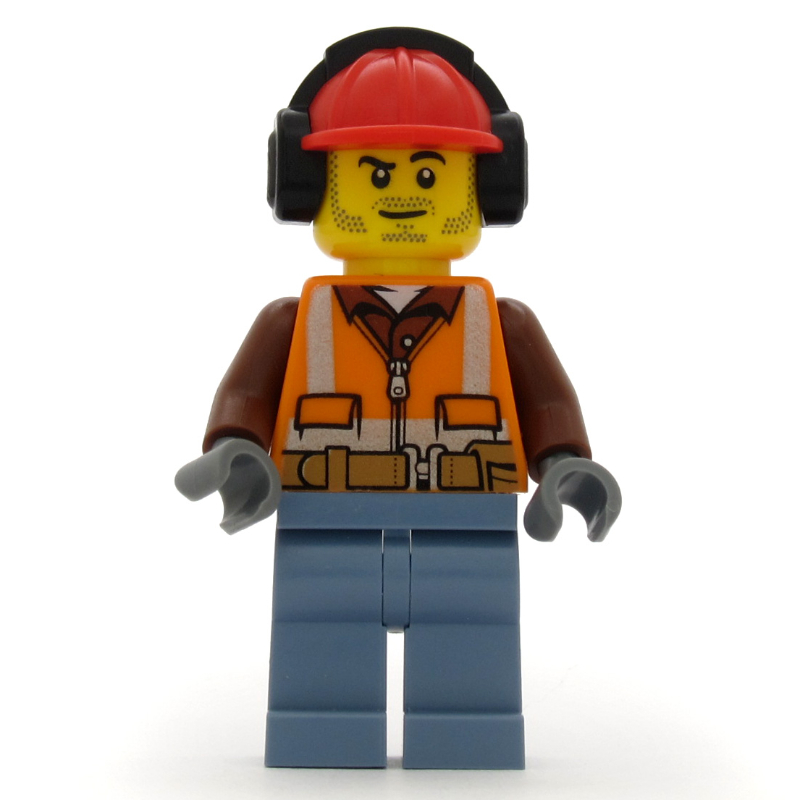 Construction Worker, Orange Safety Vest with Zipper over Reddish Brown Shirt, Sand Blue Legs, Red Hard Hat with Ear Defenders, Stubble