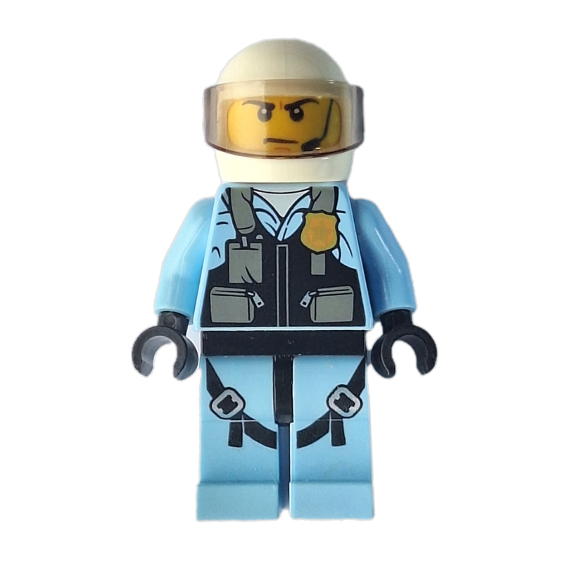 Policeman, Black Vest with Badge and Pouches over Bright Light Blue Shirt, White Helmet with Visor
