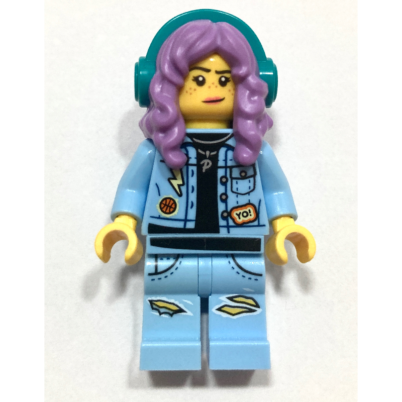 Parker L. Jackson, Bright Light Blue Denim Jacket, Medium Lavender Hair with Headphones, Angry / Smirk