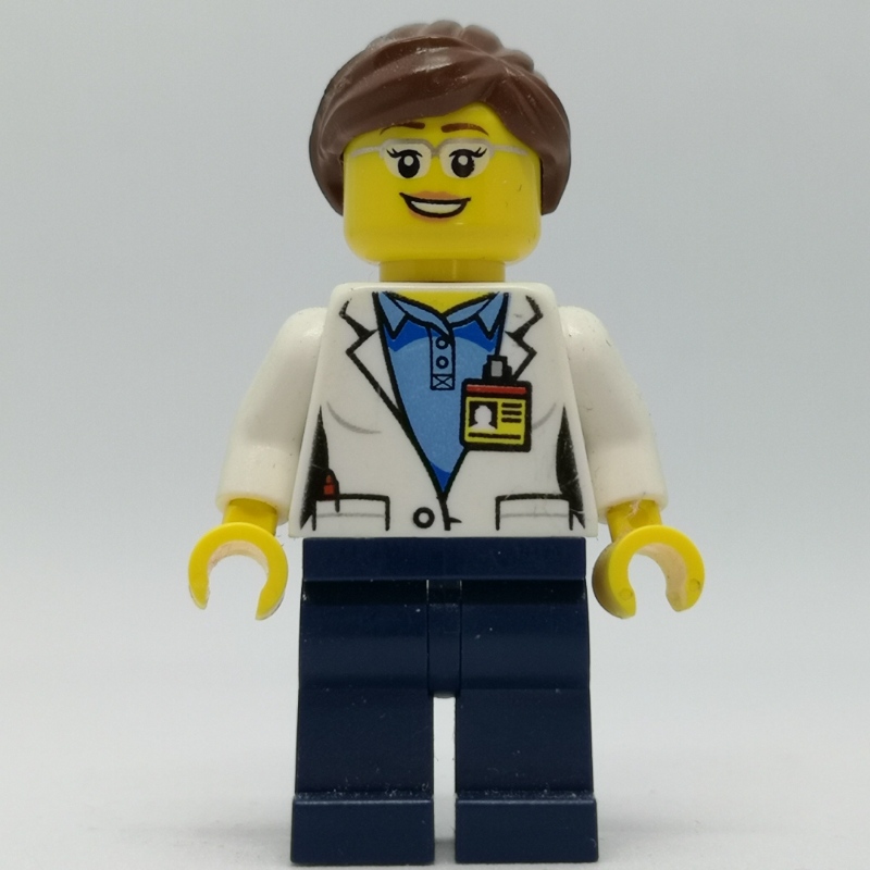 Scientist, Dark Blue Legs, Name Badge, Glasses, Female