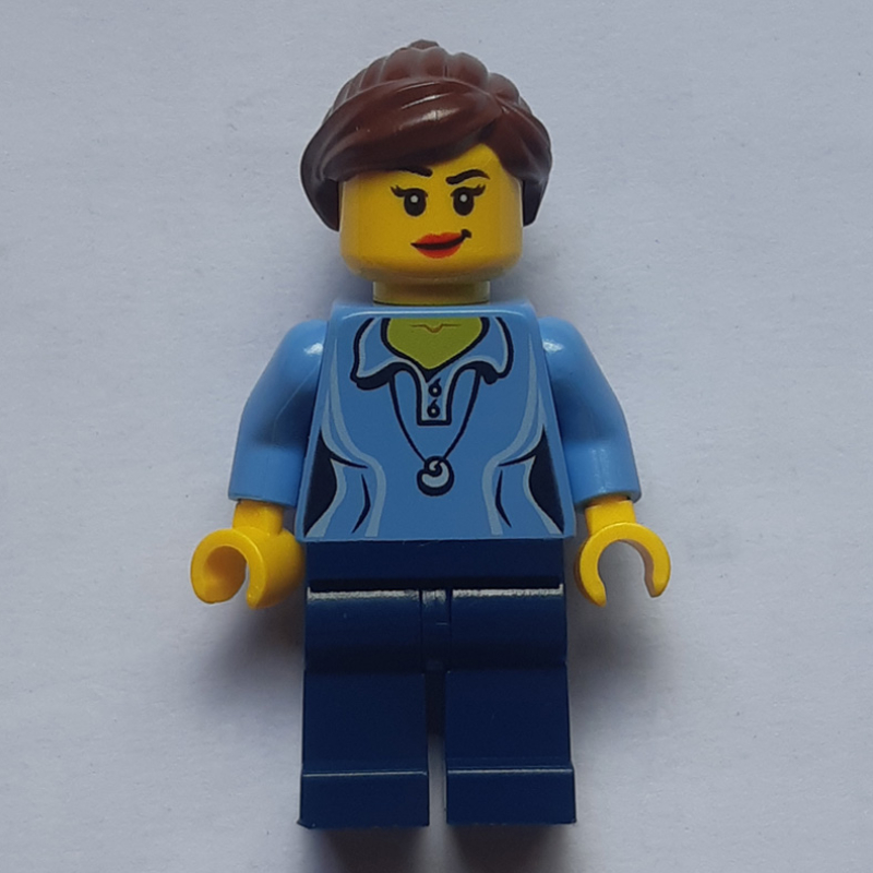 Woman, Medium Blue Polo Shirt with Necklace, Dark Blue Legs, Reddish Brown Ponytail