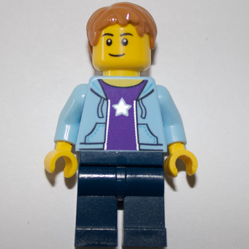 Man, Open Bright Light Blue Hoodie over Dark Purple Shirt with Star, Dark Blue Legs