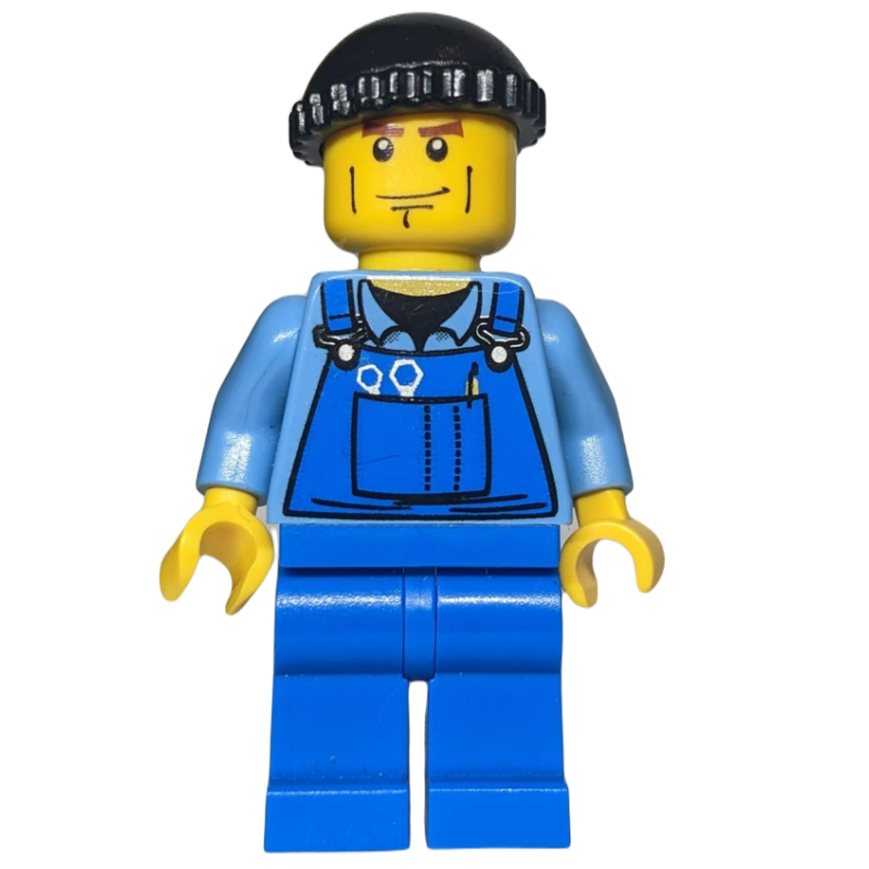 Man, Blue Overalls over Shirt, Blue Legs, Black Hat, Cheek Lines