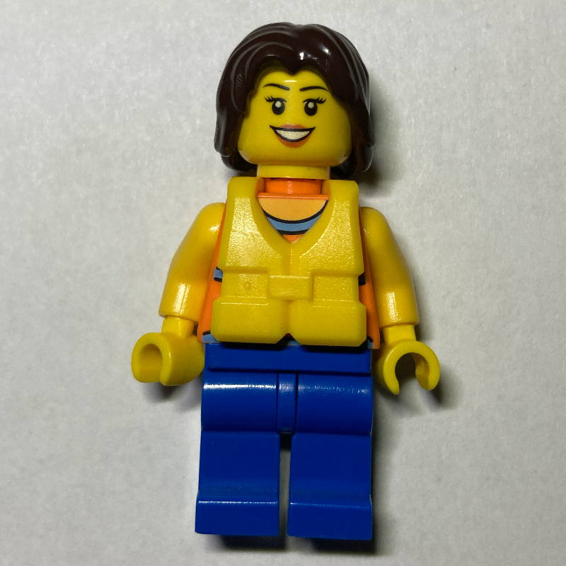 Woman, Orange Halter Top with Flowers, Blue Legs, Yellow Life Vest, Dark Brown Hair