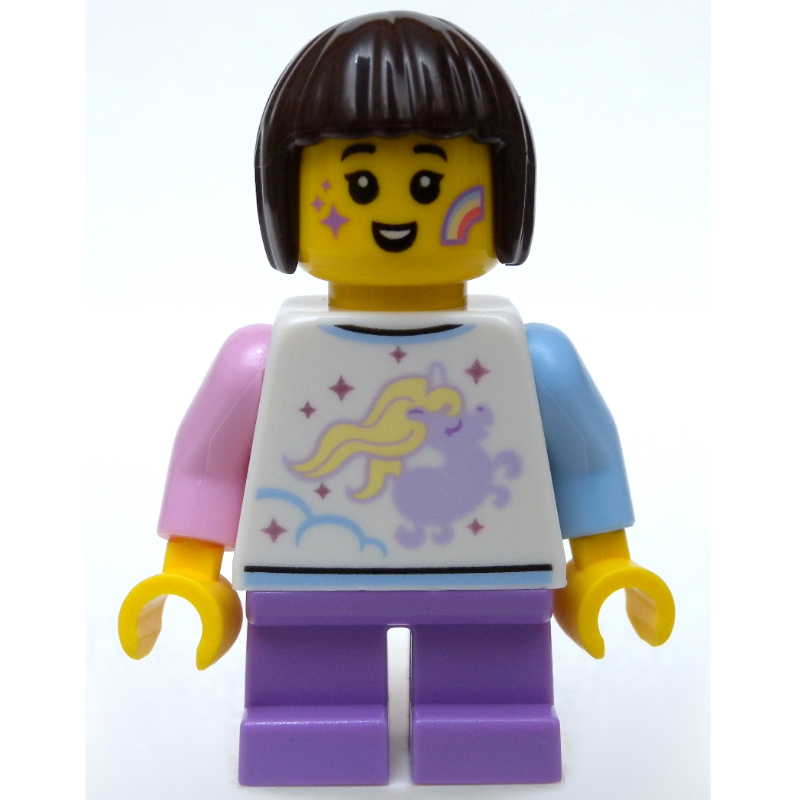 Girl, White Shirt with Unicorn, Short Medium Lavender Legs, Star and Rainbow Face Paint