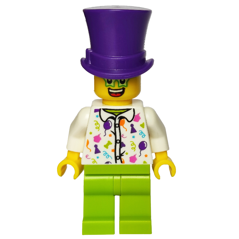 Man, White Shirt with Balloons, Party Hats, and Streamers, Lime Legs, Dark Purple Top Hat, Star Glasses