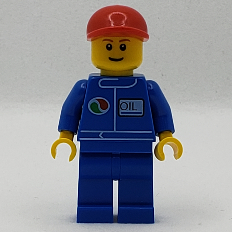 Mechanic, Blue Jumpsuit with Octan Logo, Red Cap, Smile, Reddish Brown Eyebrows