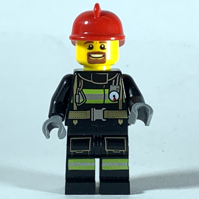 Fireman, Black Fire Suit with Gauge and Straps, Red Helmet, Goatee Beard