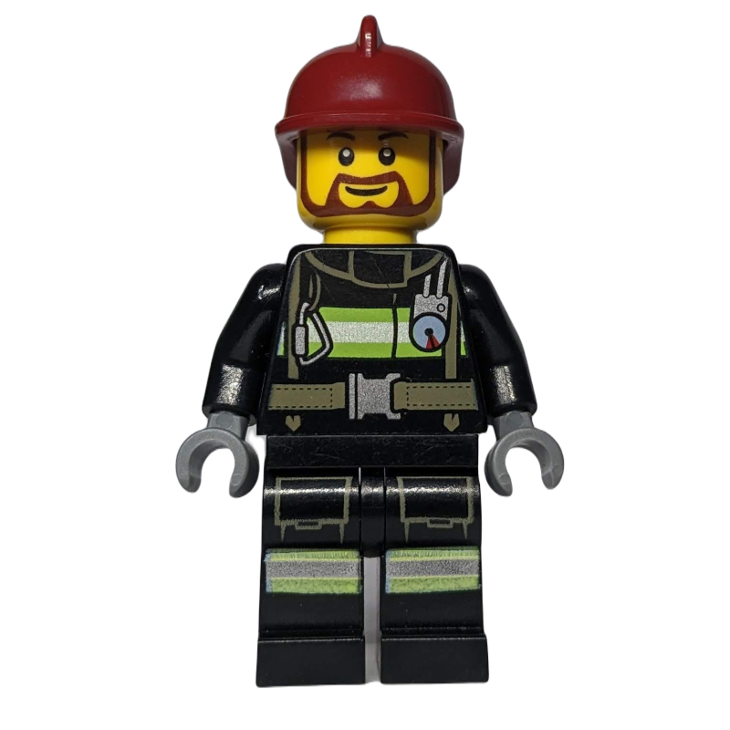 Fireman, Black Fire Suit with Gauge and Straps, Black Legs, Dark Red Helmet, Beard
