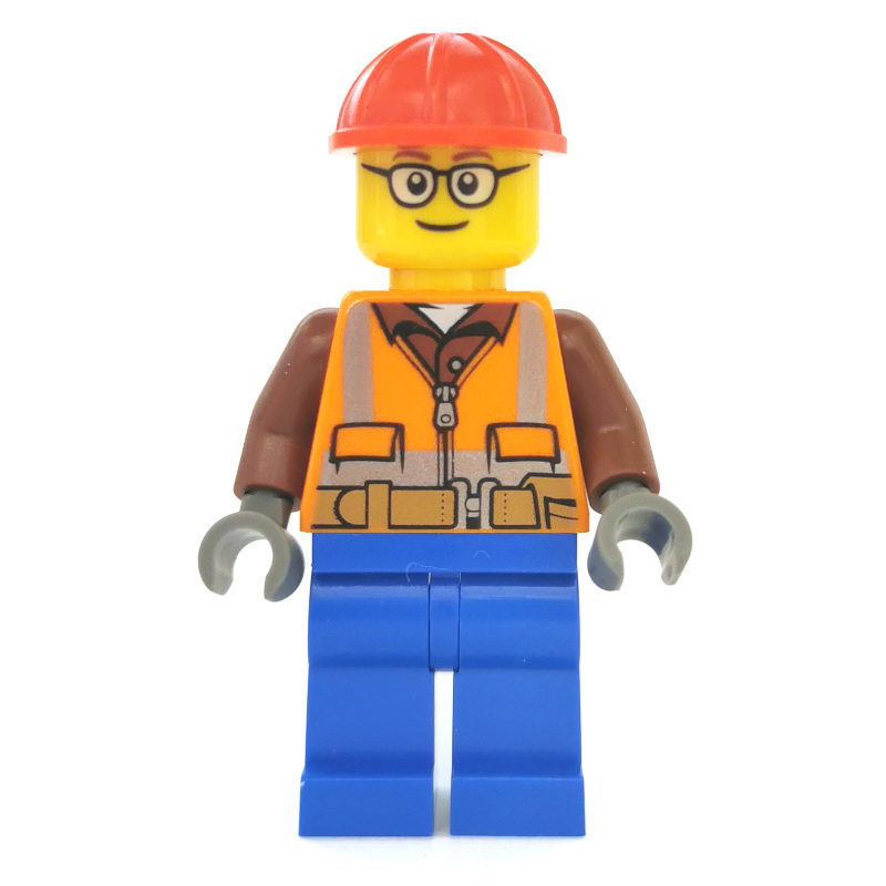 Construction Worker, Orange Safety Vest with Zipper over Reddish Brown Shirt, Blue Legs, Red Hard Hat, Glasses