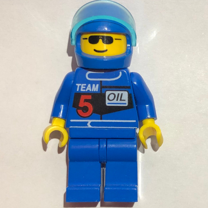 Racer, Blue Jacket with 'TEAM 5', Blue Helmet with Visor, Sunglasses