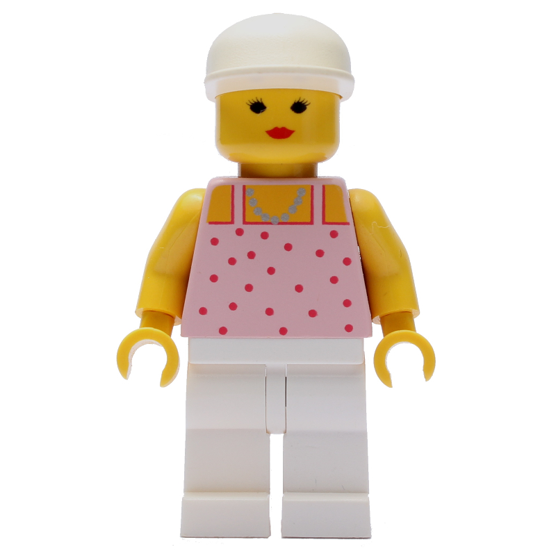 Woman, Pink Top with Spots, White Legs, White Cap