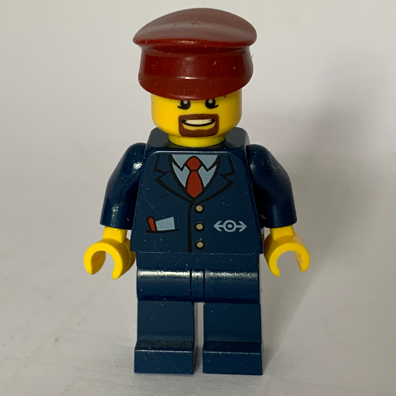 Train Conductor, Dark Blue Suit with Tie and Train Logo, Dark Red Hat, Goatee Beard