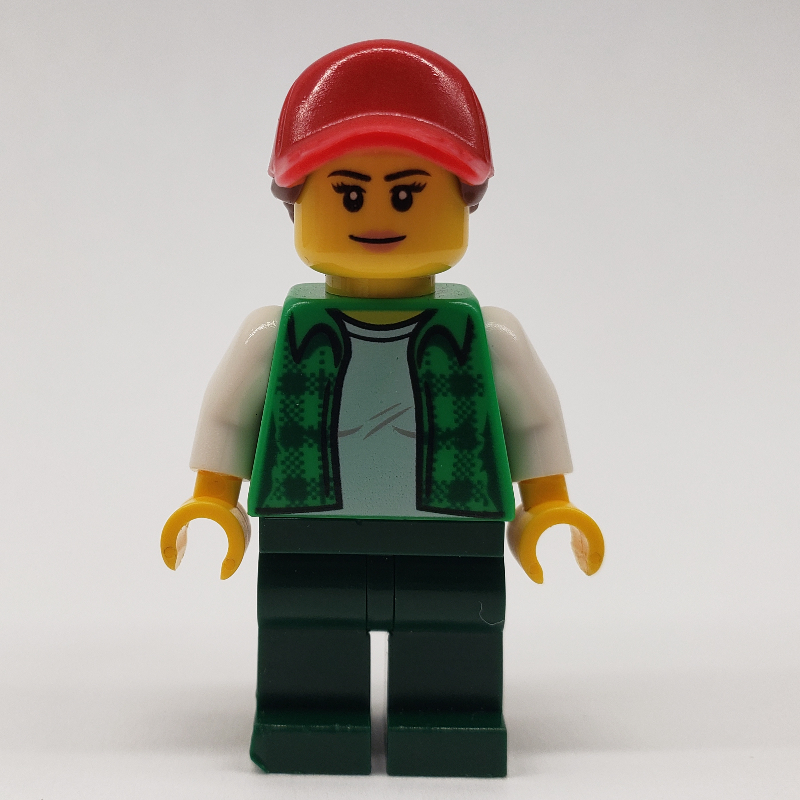 Woman, Open Green Flannel Shirt, Dark Green Legs, Red Cap with Hair