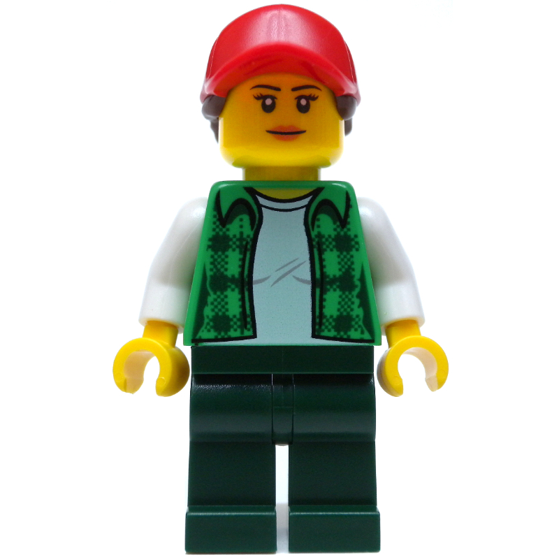 Woman, Open Green Flannel Shirt, Dark Green Legs, Red Cap with Hair
