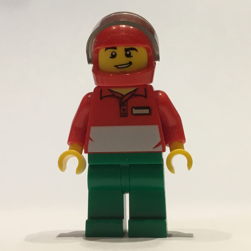 Pizza Delivery Man, Red and White Polo Shirt, Green Legs, Red Helmet with Visor
