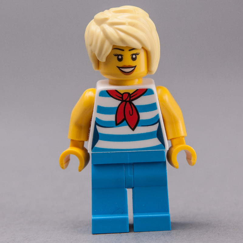 Woman, White and Dark Azure Striped Tank Top with Red Neckerchief, Dark Azure Legs, Bright Light Yellow Hair