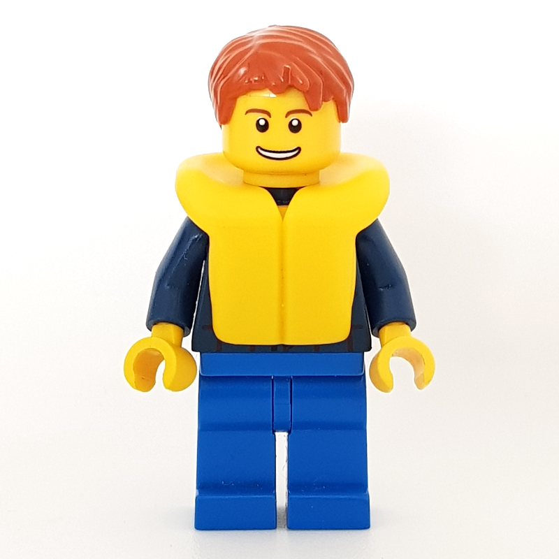 Man, Dark Blue Plaid Shirt, Blue Legs, Dark Orange Hair, Yellow Life Vest