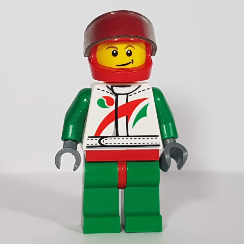 Racer, White and Green Jumpsuit with Octan Logo, Red Helmet with Visor
