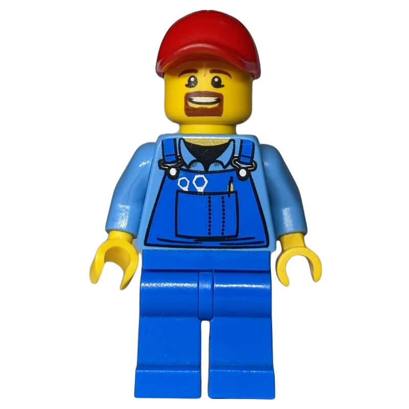 Man, Blue Overalls over Shirt, Blue Legs, Red Cap, Brown Goatee Beard